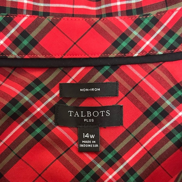 Talbots Plus Red Green Black Yuletide Tartan Plaid Button Up Non Iron Top 14W - Picture 8 of 9